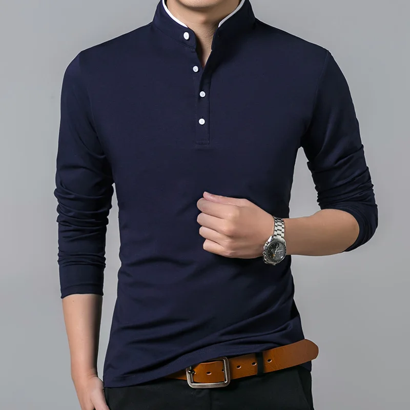SHiONFA Herren-T-Shirts aus reiner Baumwolle, Stehkragen, langärmelig, bequemes Hemd, einreihig, weiches Obermaterial für Frühling und Herbst – Detail 6