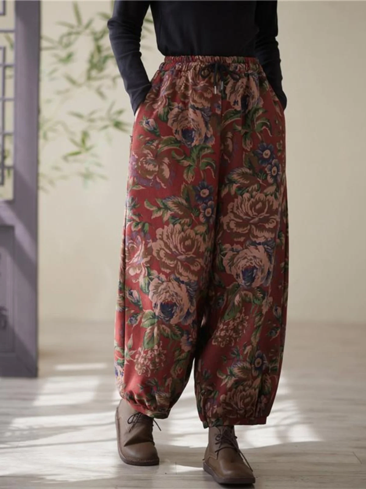 

Высококачественные зимние теплые повседневные брюки с принтом на подкладке, женские брюки-фонарики с эластичной резинкой на талии, верхняя одежда, пальто