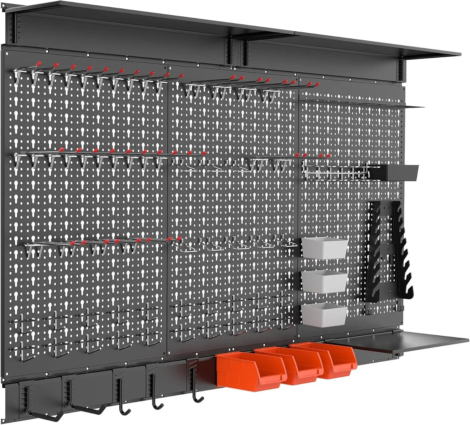 

Набор для организации хранения на стене из 113 предметов: перфорированная доска с крючками, контейнерами и полками для гаража и верстака, черный цвет