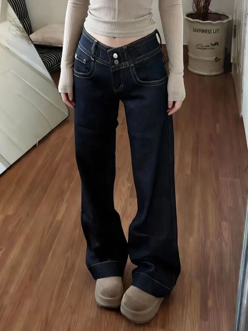 Womens Jeans New American Style Double Waist Button Bootcut Loose Fit Low Rise Straight Leg Pants Not Tight