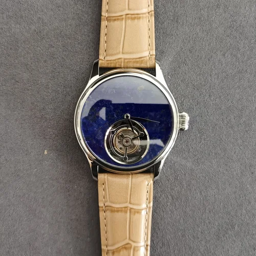 Imagen 2 del producto Reloj Tourbillon Jacques Genry para hombre, reloj de pulsera mecánico de cuerda Manual de 42mm, correa de cuero con espejo de zafiro