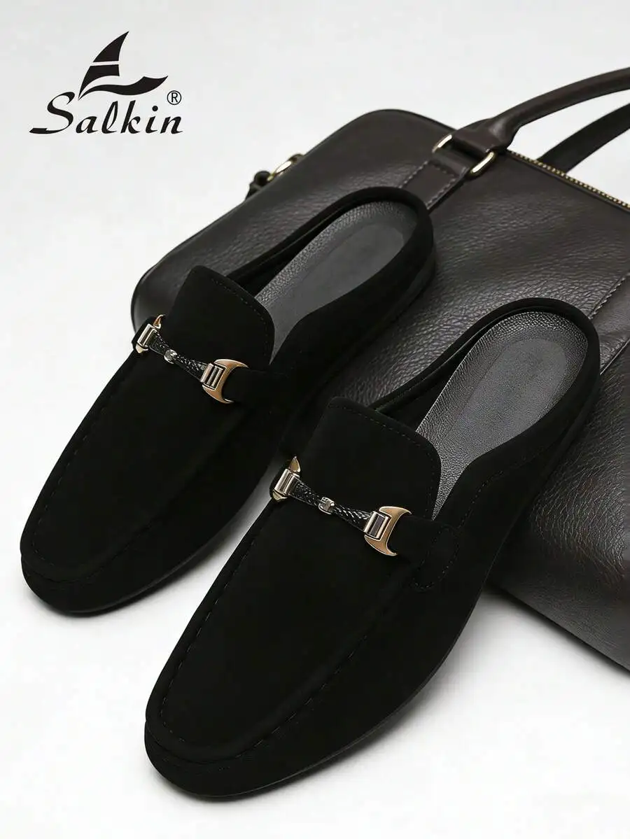 

Salkin Elegant Gentleman Mule Slippers, soft leather breathable loafers with arch support for indoor outdoor office.