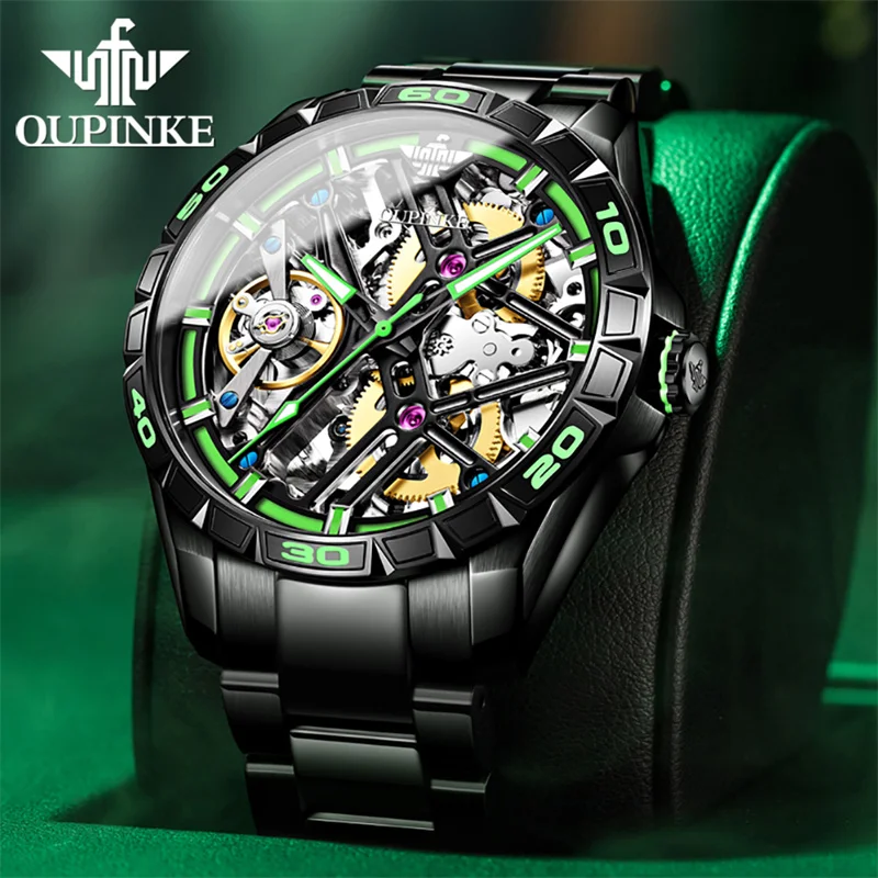 OUPINKE Men Mechanical Watches Black Steel Luminous Automatic Man Luxury Skeleton Watch For Men\'s Waterproof 50m Montre Homme