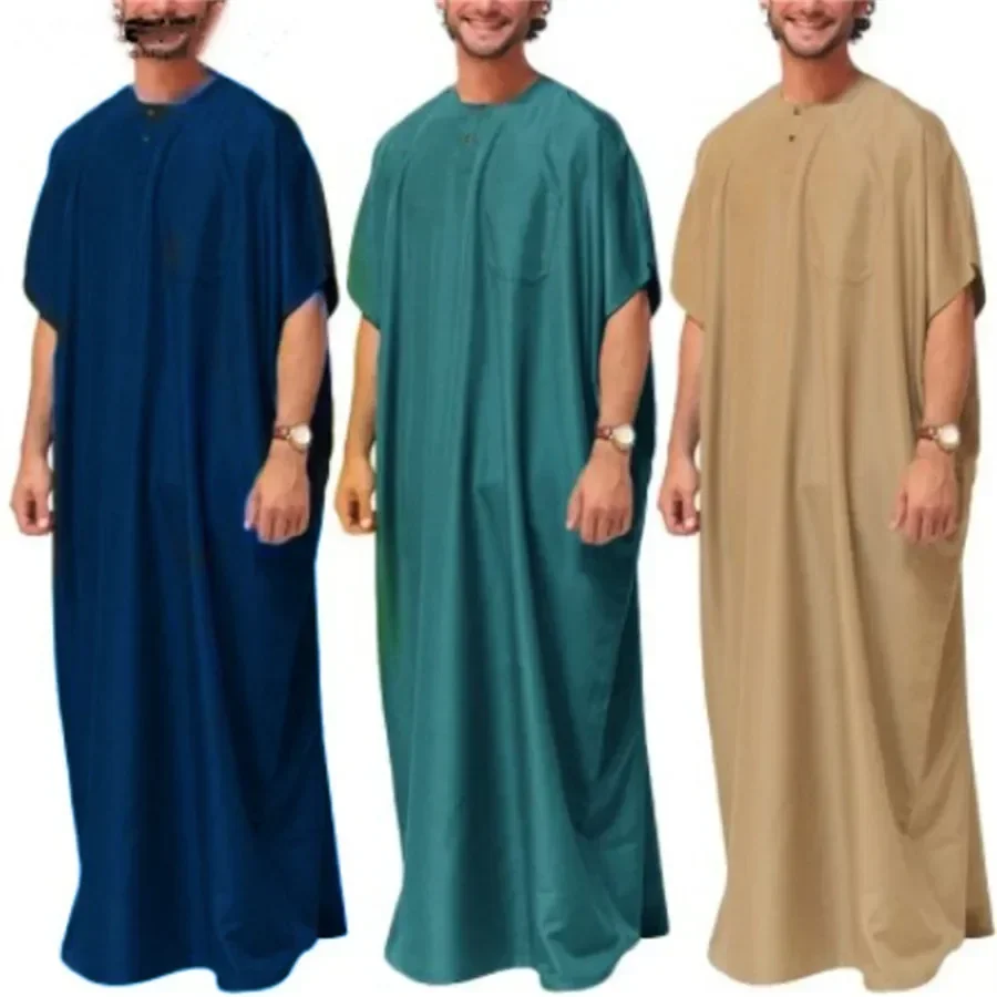 New Summer Muslim Middle East Arab Dubai Dress Malaysia Solid Color Short Sleeve Long Dress Muslim Robe Men's Casual Clothing