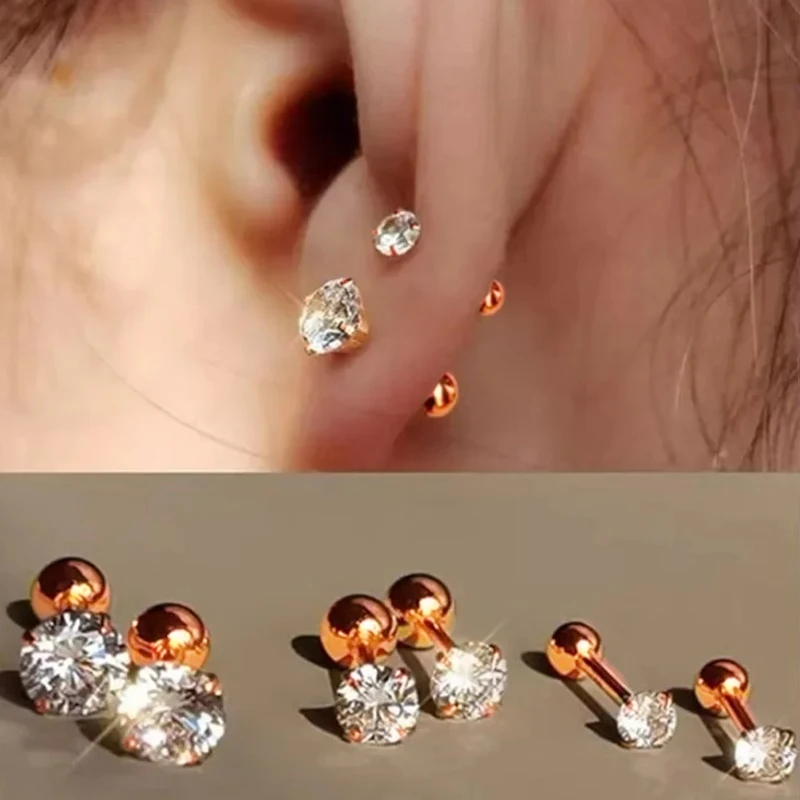 3 Paar klassische runde Zirkonia-Ohrstecker für Damen, Edelstahl-Damenknorpel, Tragus, Lappen, Daith-Piercing-Schmuck