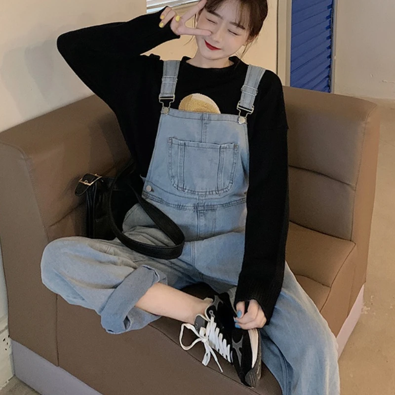 

Spring Jumpsuits Women Design Wide Leg Loose BF Students All-match Denim High Street Solid Simple Autumn Leisure Trendy Bottom