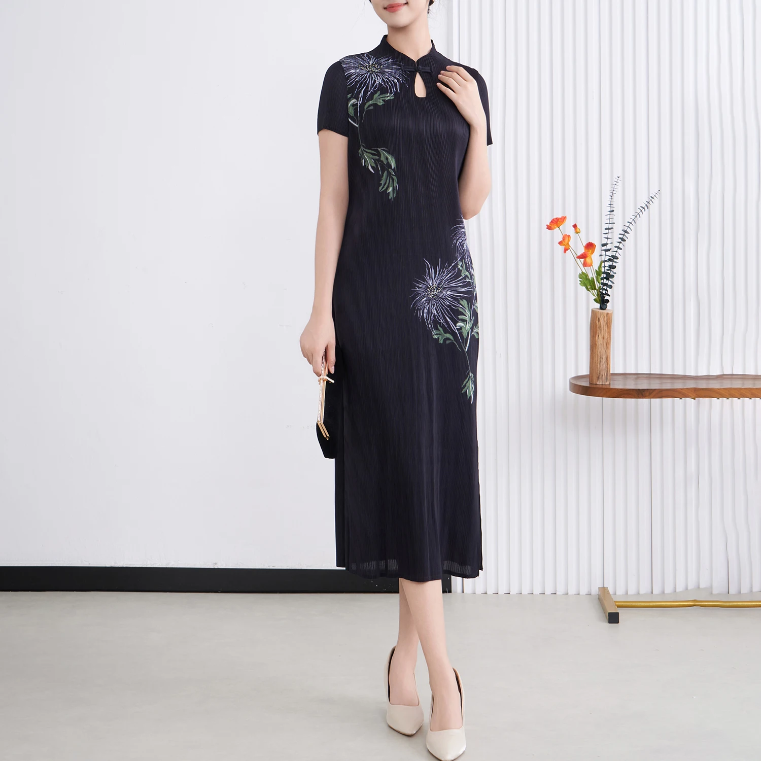 

Miyake pleated series dress 2025 new Chinese style casual printed cheongsam dress