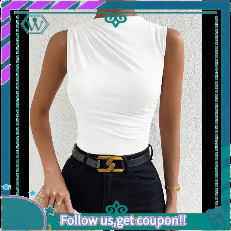 A09P Canottiera da lavoro slim fit senza maniche con scollo a lupetto increspato casual da donna