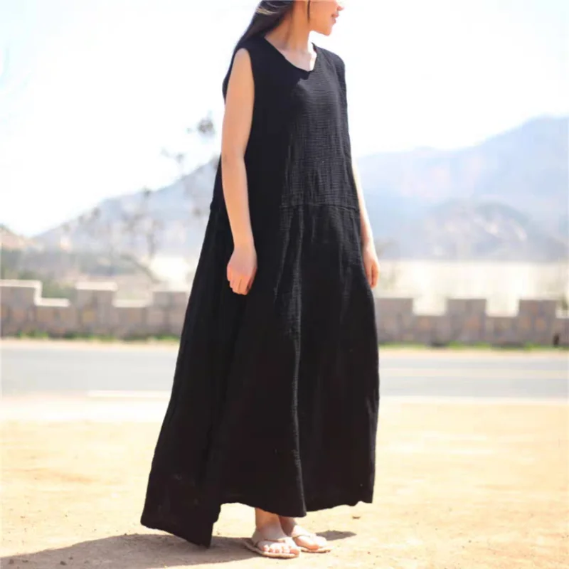 

Chinese Style Cotton Linen Dress Summer Women's Vest Dress Solid Color A-line Long Dresses Loose Casual Sleeveless Dress