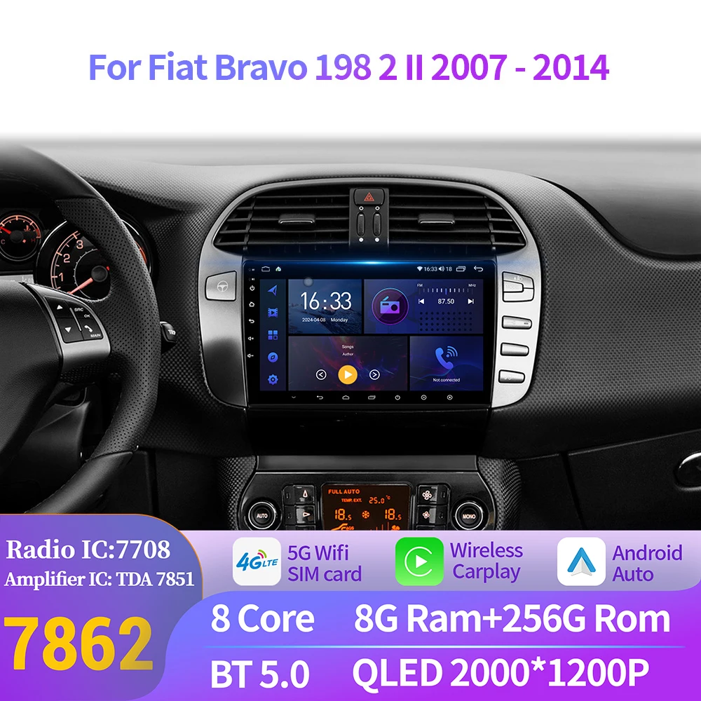 

Android 14 For Fiat Bravo 198 2 II 2007-2014 Car Radio Navigation Multimedia Player Auto Wireless 7862S 8G 256G 2K QLED Screen
