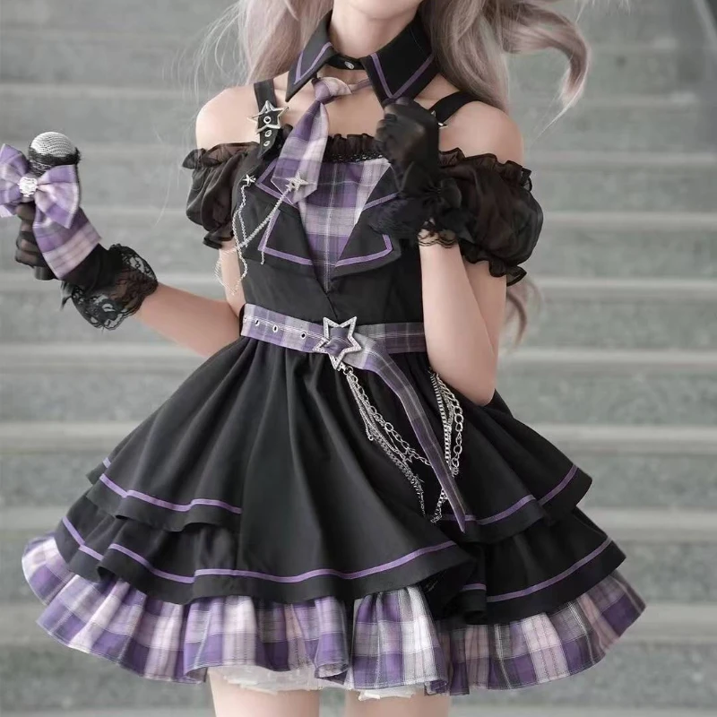 Japanese Gothic Lolita Style Dress Women Vintage Punk Slash Neck Off Shoulder Plaid Dresses Girls Harajuku Y2k Party Mini Dress