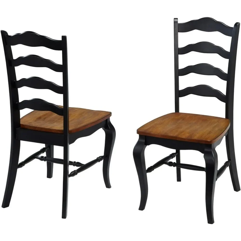 Home Styles French Countryside Oak and Black Pair of Dining Chairs with Distressed Oak Contoured Seat, Rubbed Black Finish