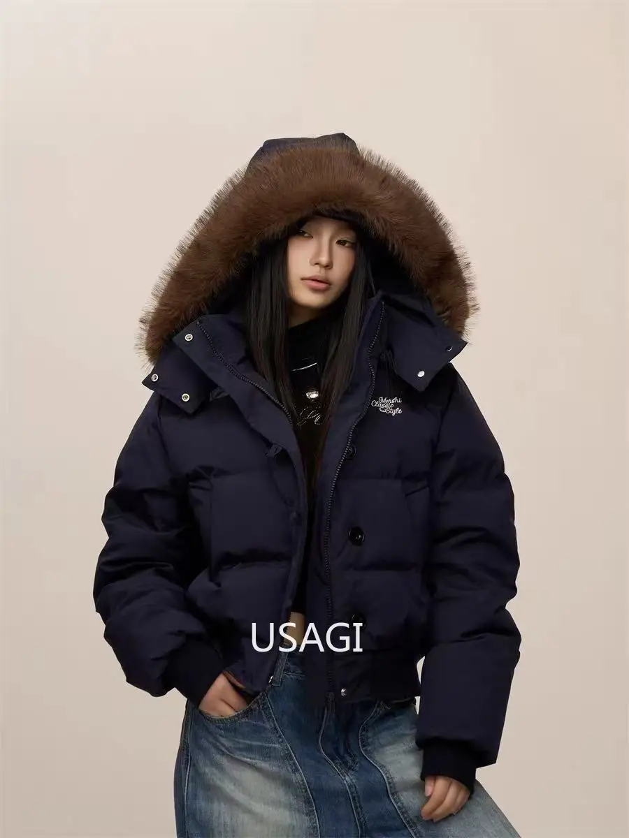 Veste courte en duvet de coton pour femme, coupe ample, avec chapeau détachable et col en fourrure, vêtements d'extérieur chauds et épais, amincissant, à la mode, hiver