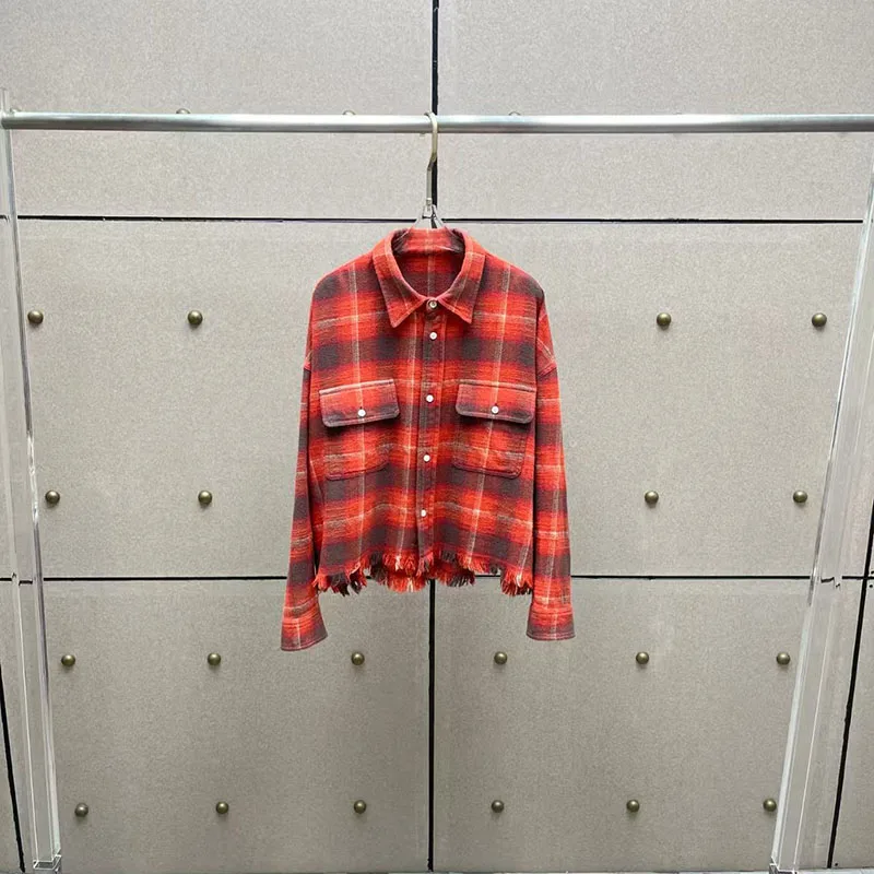 Women's Checkered Washed Shirt, Vintage-Washed Frayed Hem Top, Cropped Distressed Long-Sleeve Jacket, Fall, New Arrival, 2025