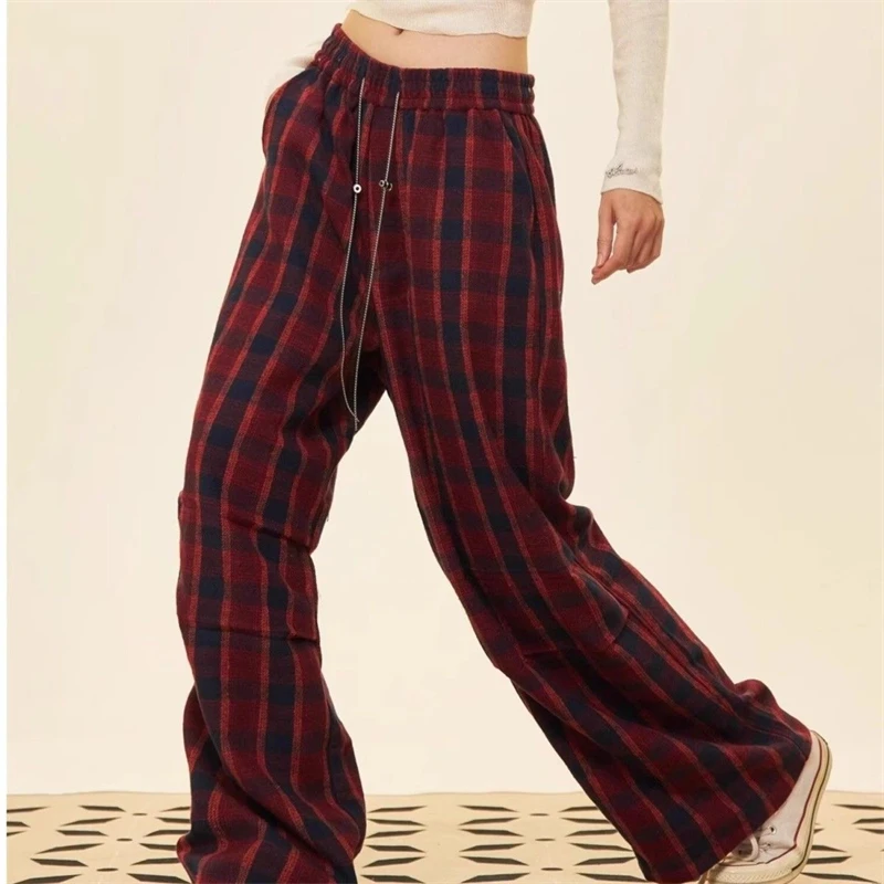 Women's Drawstring Red Checkered Wide Leg Thin Pants Hiphop Young Girl Street Straight Bottoms Female High Waisted Trousers