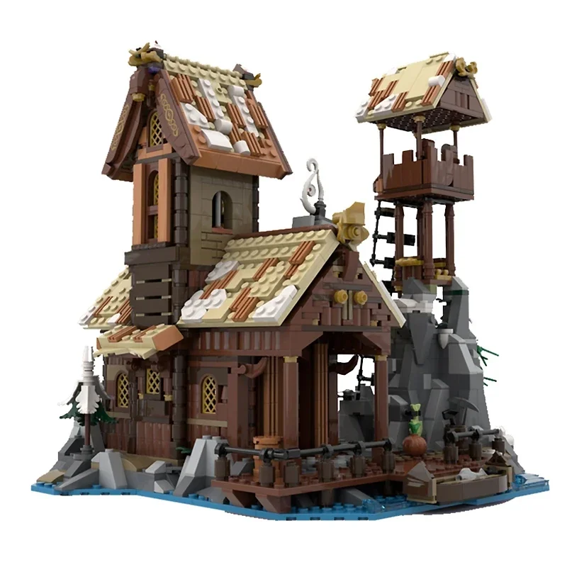 Viking Port House Model Building Blocks, Cena de Rua Medieval, Tijolos DIY, Brinquedos de Montagem, Presente de Natal para Crianças, MOC-185525, Novo