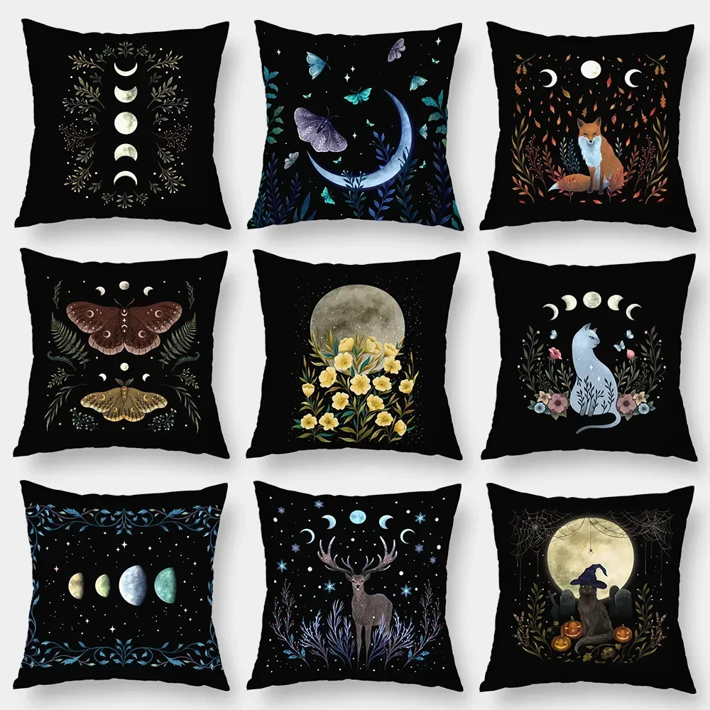 VIKAMA  Moon Phases & Magical Creatures Pillow Covers Pattern Cushion Cover Suitable For Sofa Bedroom Car Pillow Cover Decor