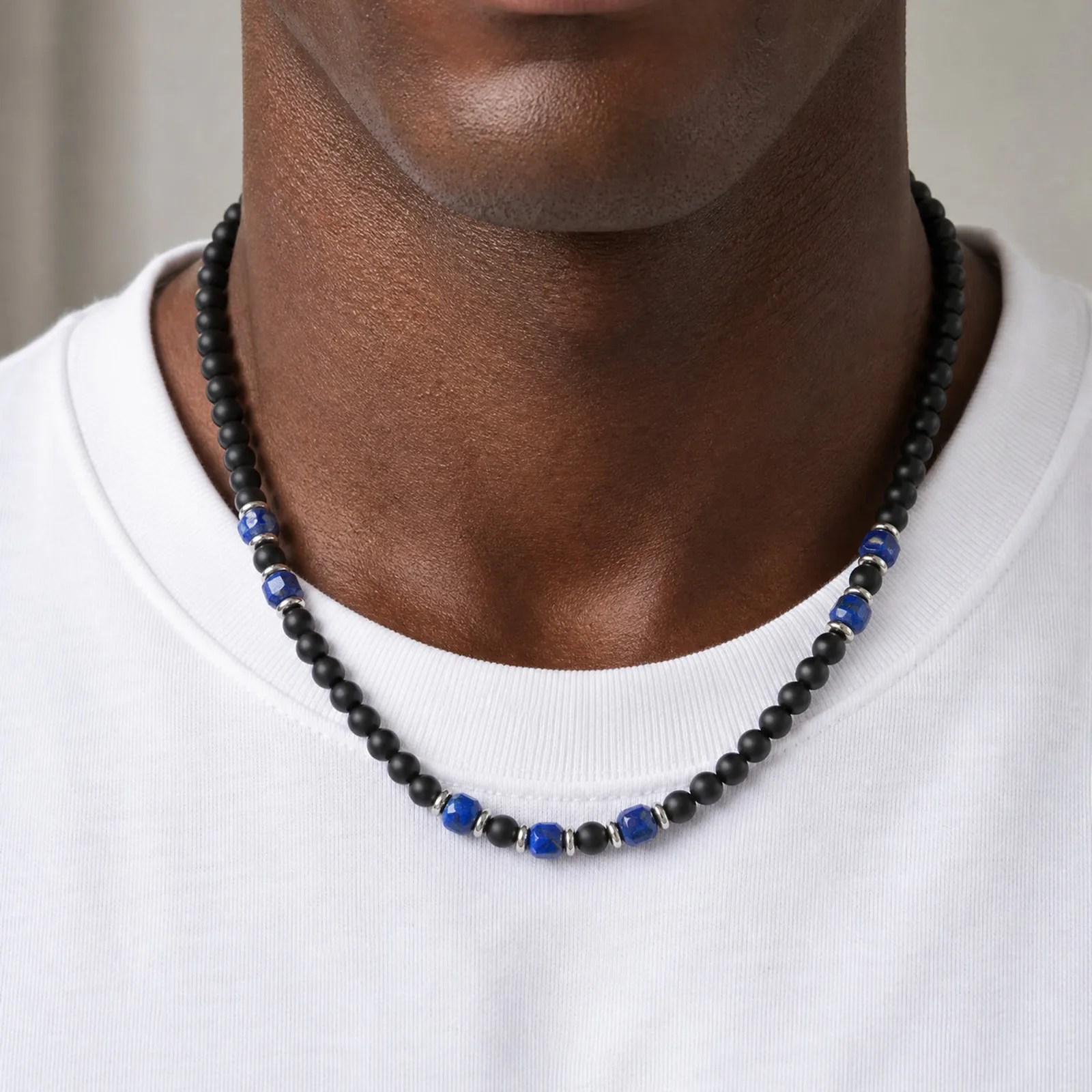 Stilvolle Herren-Halskette aus Natursteinperlen, Schwarze Achat-Lapis-Perlenketten, Vintage Punk-Schmuck Geschenk für Ihn – Detail 2
