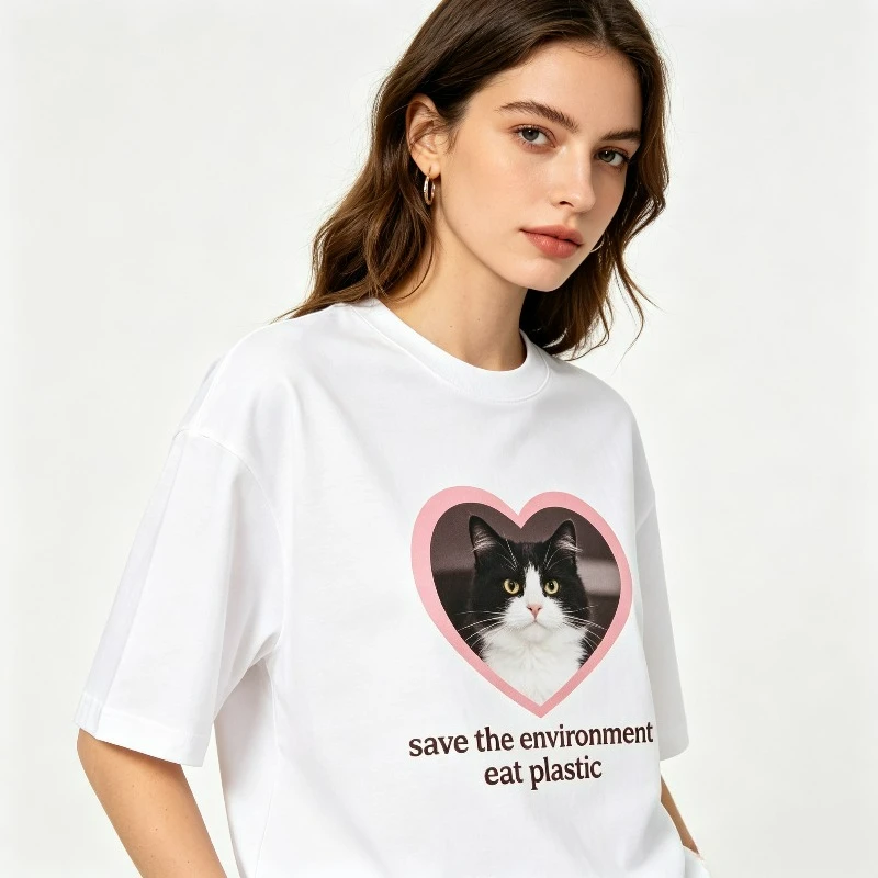 Save The Environment Eat Plastic Women T-Shirt, Funny Cat Quote Graphic Tee, Casual Top for  Daily Streetwear Black White Tops