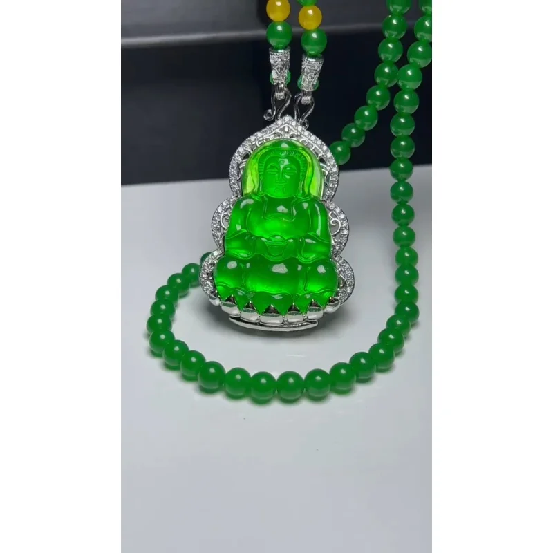 Certified Natural high Ice Green jade Jadeite Carved Guanyin Pendant&Necklaces