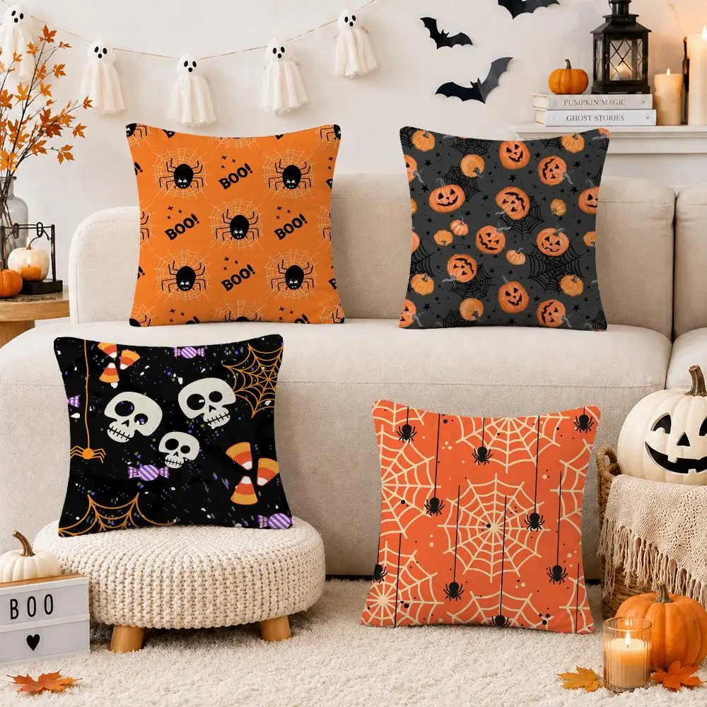 Happy Halloween Scary Spider Web Cushion Cover Soft Short Plush Double-Sided Printing Sofa Home Decor Festival Pillow Case Gifts