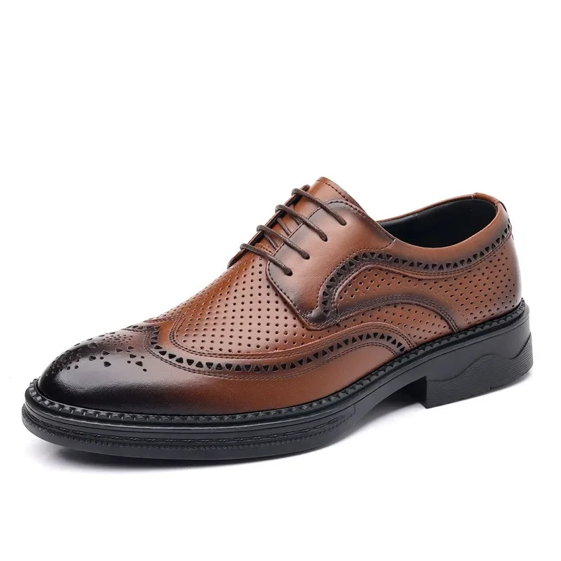 Zapatos informales de cuero calados para hombre, mocasines transpirables de suela gruesa, a la moda, para primavera y otoño