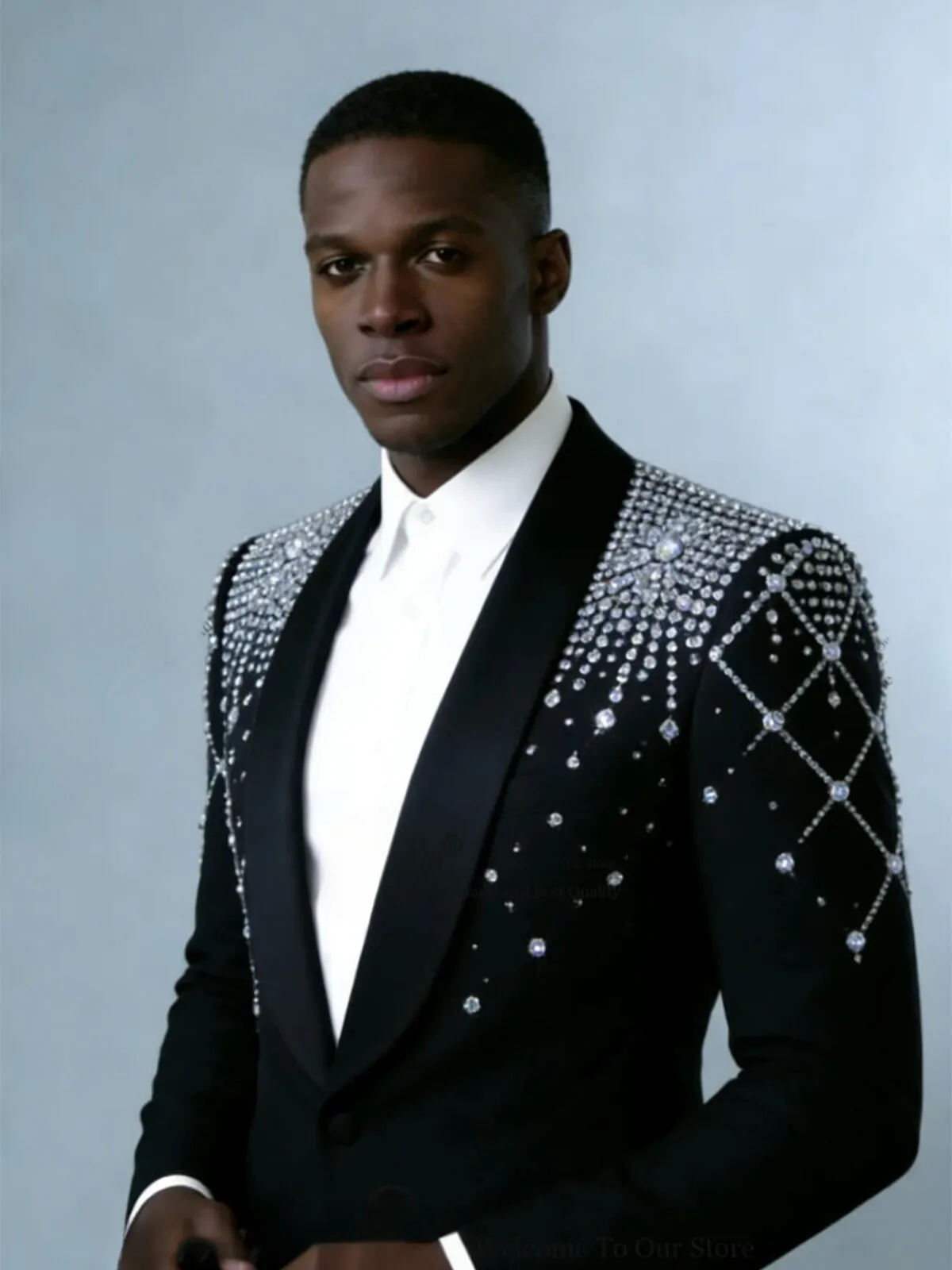 

Мужской костюм-двойка: смокинг для жениха, индивидуальный пошив, с бисером и кристаллами, на одной пуговице, приталенный, для свадьбы, бизнеса, выпускного вечера