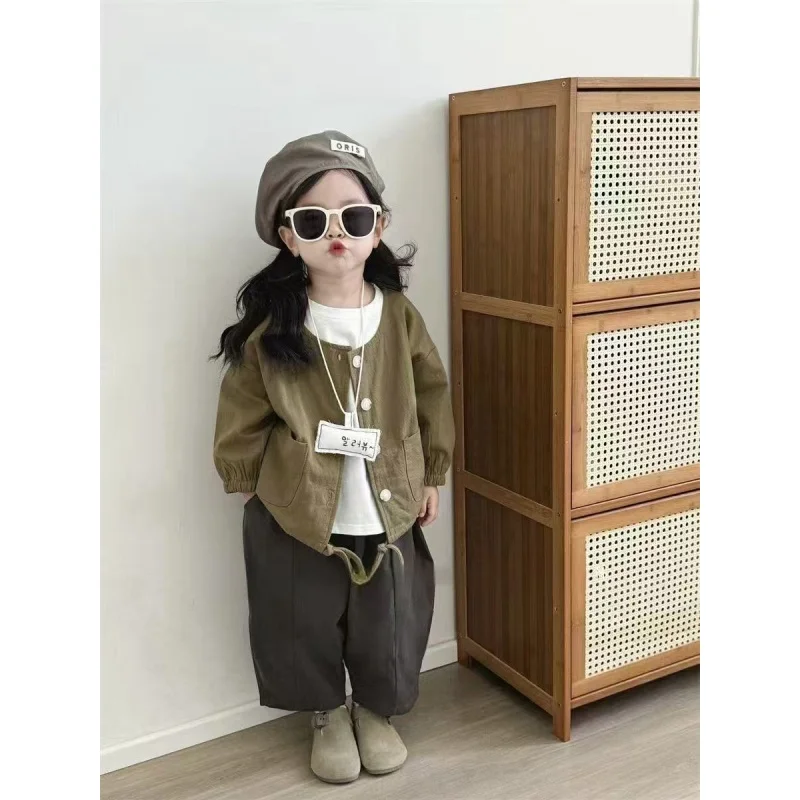 Children's Spring Autumn Set, Boys and Girls' Korean Fashion Round Neck Cardigan Coat, Casual Haren Pants Set