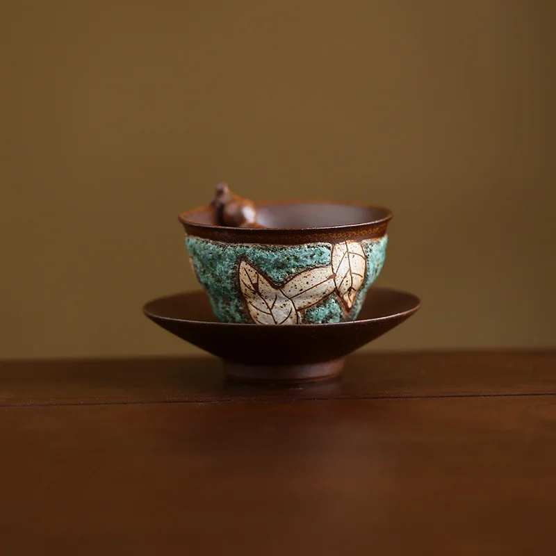 Old Rock Clay Coarse Pottery Gourd Tea Cup Turquoise Carving Handmade Personal Tasting Cup With Coaster Tea Table Decor Gift