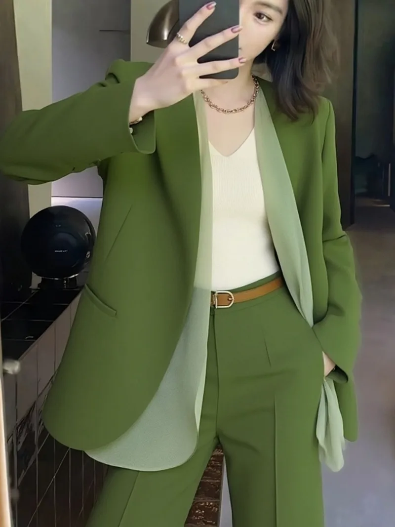 

Новый зеленый лоскутный женский костюм высокого класса, корейская мода, осенняя повседневная куртка с длинными рукавами + широкие брюки, элегантный комплект из двух предметов