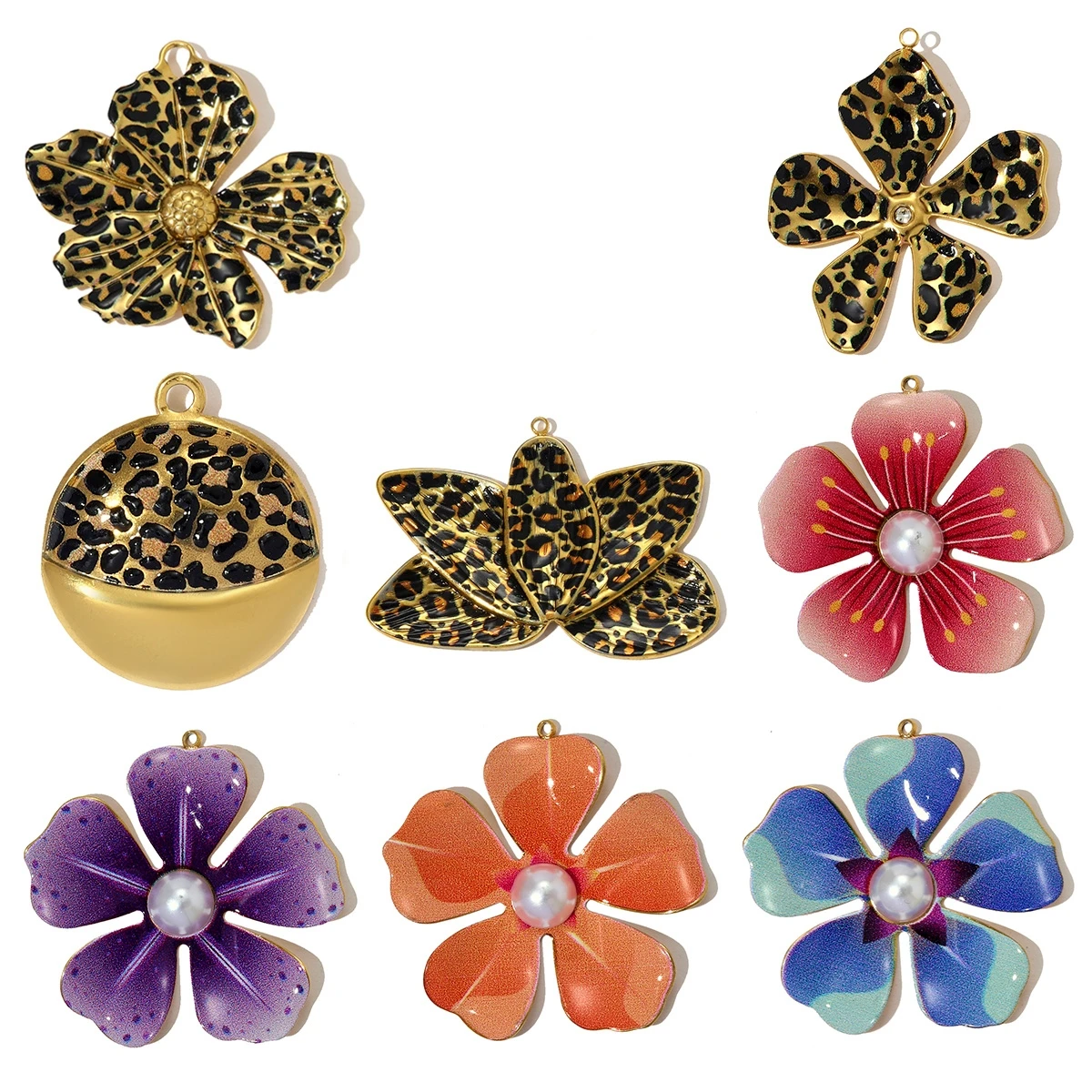 3Pcs/Lot Stainless Steel Enamel Flower Charms Big Size Leopard Print Pendants For Making Fashion Jewelry Accessory Wholesale
