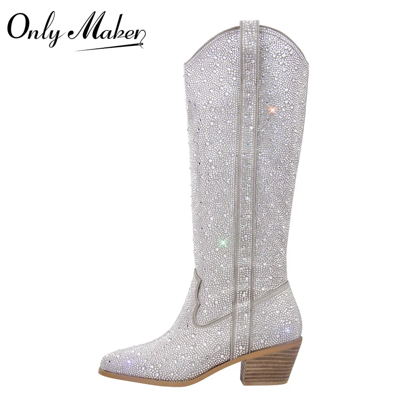 Onlymaker Woman Knee High Boots Silver  Western Cowboy Boots Pointed Toe Bling Shiny Block Heel Pull-On Cowgirl Boos