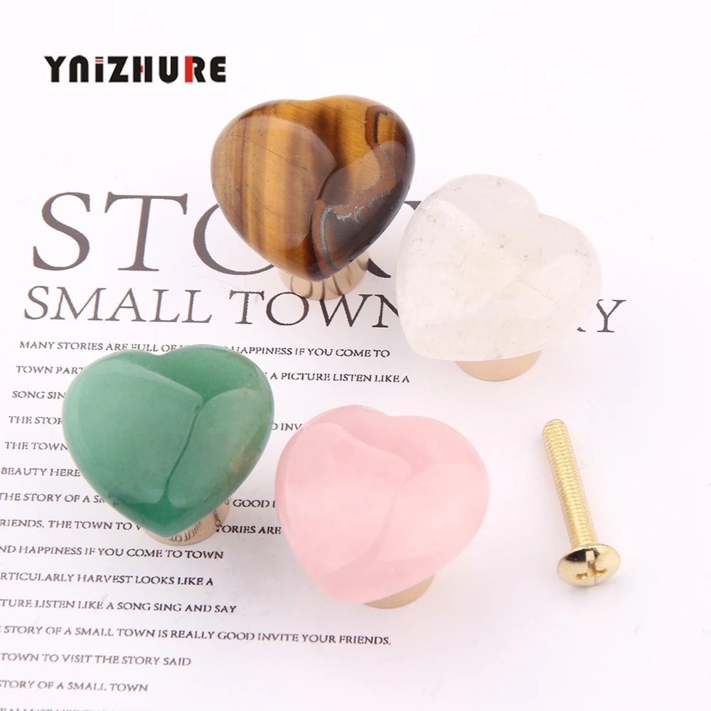 Exquisite Natural Pink Crystal Tiger Eye Love Brass Single Hole Drawer Handle Cabinet Door Wardrobe Door Handle Kitchen Knobs