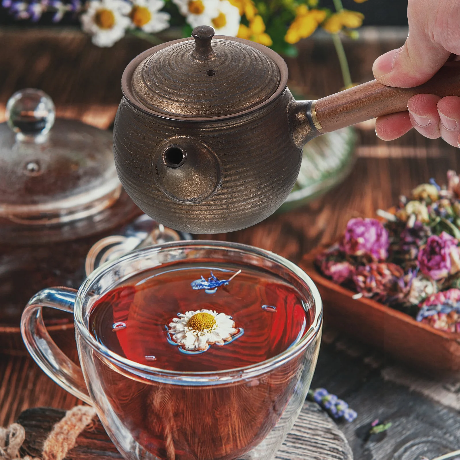 

Teapot Vintage with Side Handle Flower Planter Ceramics Chinese Dispenser Coffee Pots for Loose Decorative Kettle Office