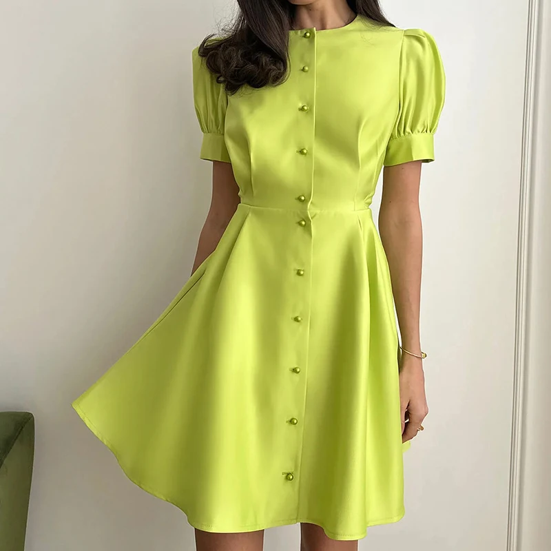 Fashion Summer O-Neck Puff Sleeve Solid Dress Women Elegant Peal Buttons A-Line Dresses Ladies High Street Slim Waist Mini Dress