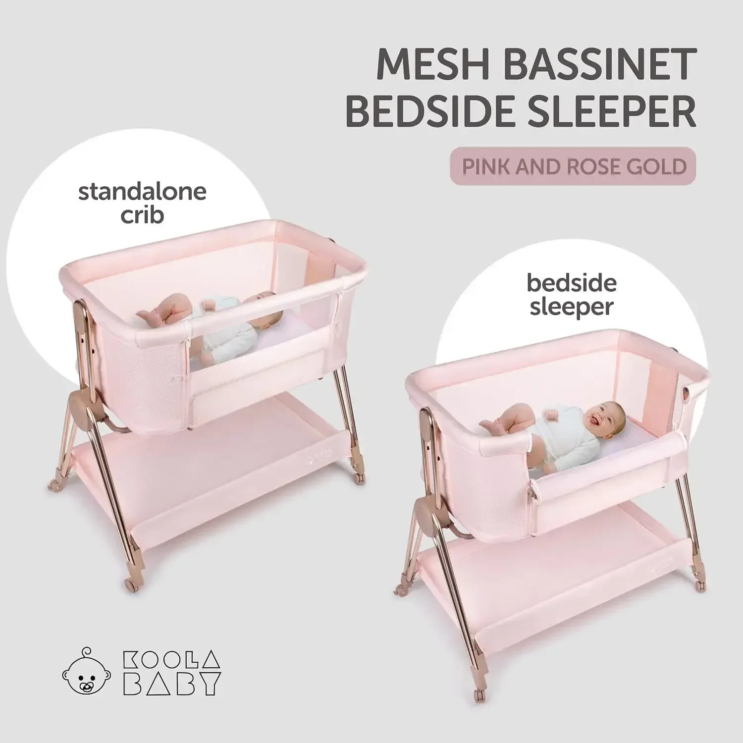 Baby Bedside Sleeper Bassinet Crib Height Adjustment Wheels Parents Bed Fold Carry Pink