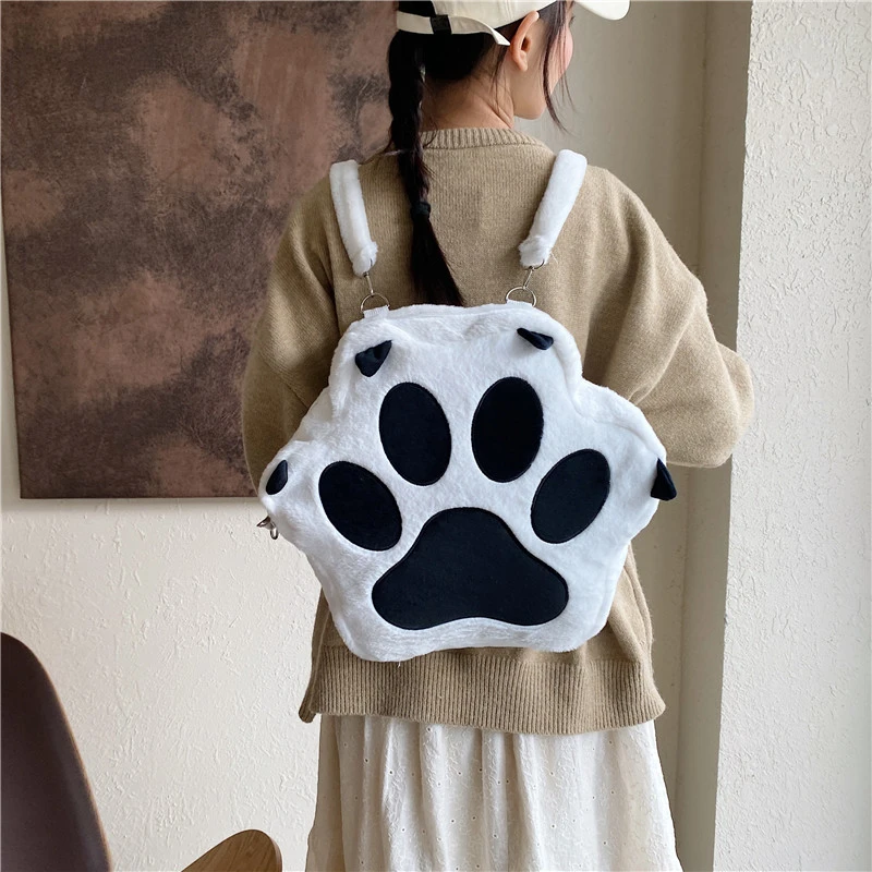 College Student Plush Pink Backpack Kawaii 3D Cartoon Cat Claw Girls Shoulder Bag Large Capacity White Schoolbag Female Rucksack