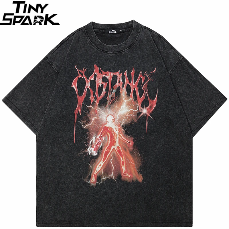 Hip Hop Retro Gewaschen Schwarz T-Shirt Streetwear Vintage Grafik Lightning Power T Shirt Baumwolle Unisex T-shirt Männer Tops T Y2K