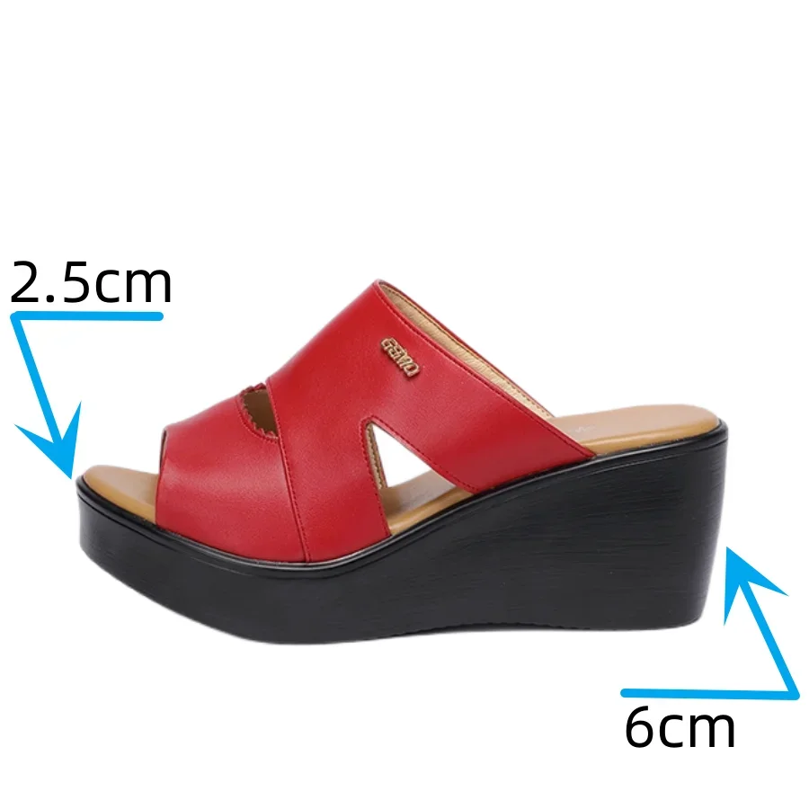 Plus Size 33-43 Casual Outside Medium Heels Platform Wedges Slippers Women Shoes Summer 2024 Beach Office Soft Leather Slides