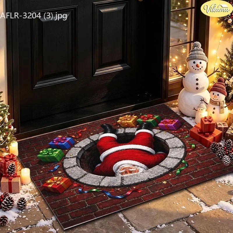 VIKAMA Christmas Doormat, Funny Santa Stuck Upside Down, Brick Floor Hole, Gifts, Humorous Print, Holiday Entryway