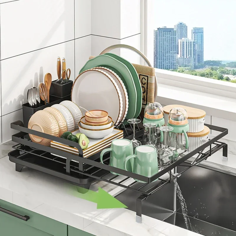 Kitchen Drain Dish Rack Countertop Tableware Cup Storage Rack Multifunctional Retractable Tableware Storage Rack