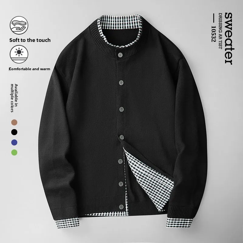 

Faionable Fake Two-Piece Open Cardigan Sweater Casual Versatile High-Quali Knitted Outerwear Spring Autumn Men's Top