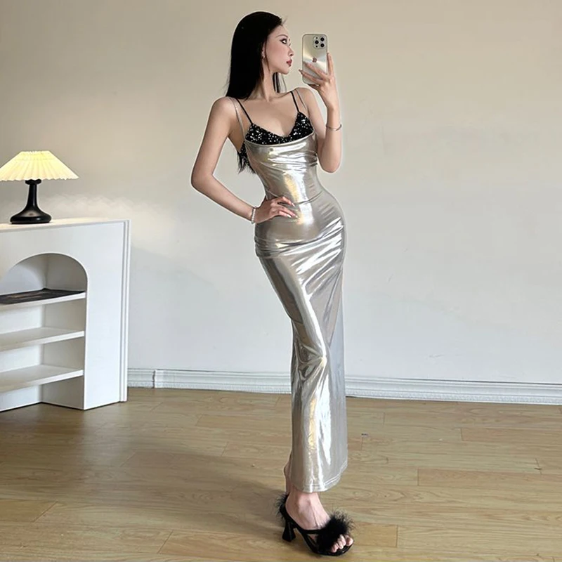 Seksowna, dopasowana, błyszcząca sukienka midi na ramiączkach damska moda Y2K gorące dziewczyny patchworkowa obcisła sukienka koreańska odzież uliczna impreza klub Vestidos nowa