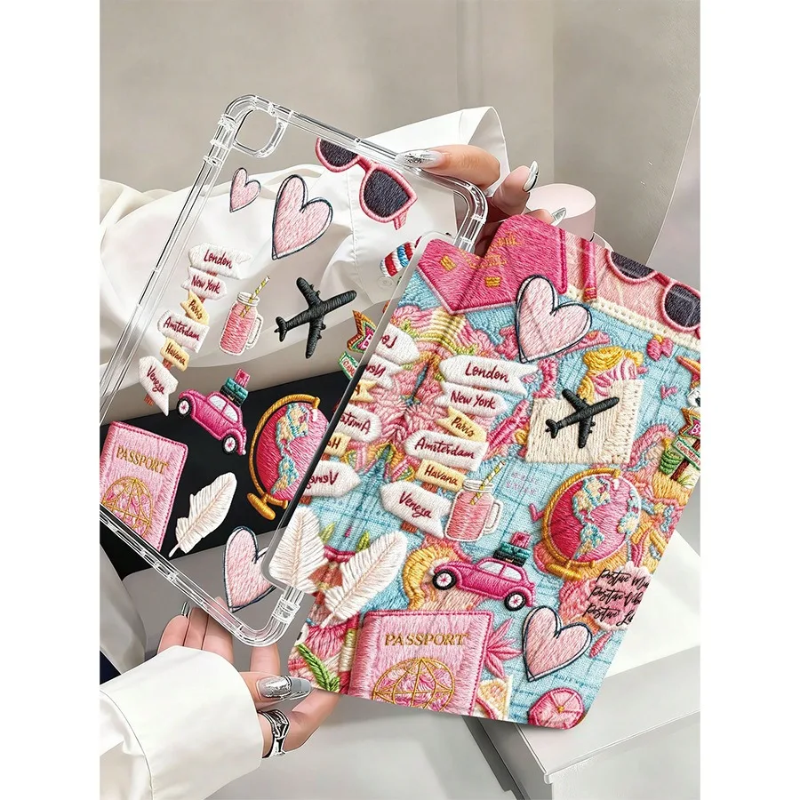 Travel Map Pen Slot Tablet Case For iPad Mini 7 6 Pro2025 2024 2022 2021 2020 2019 2018 2017 A16 10 11th Air8 7 6 5 4 3 2 Cover