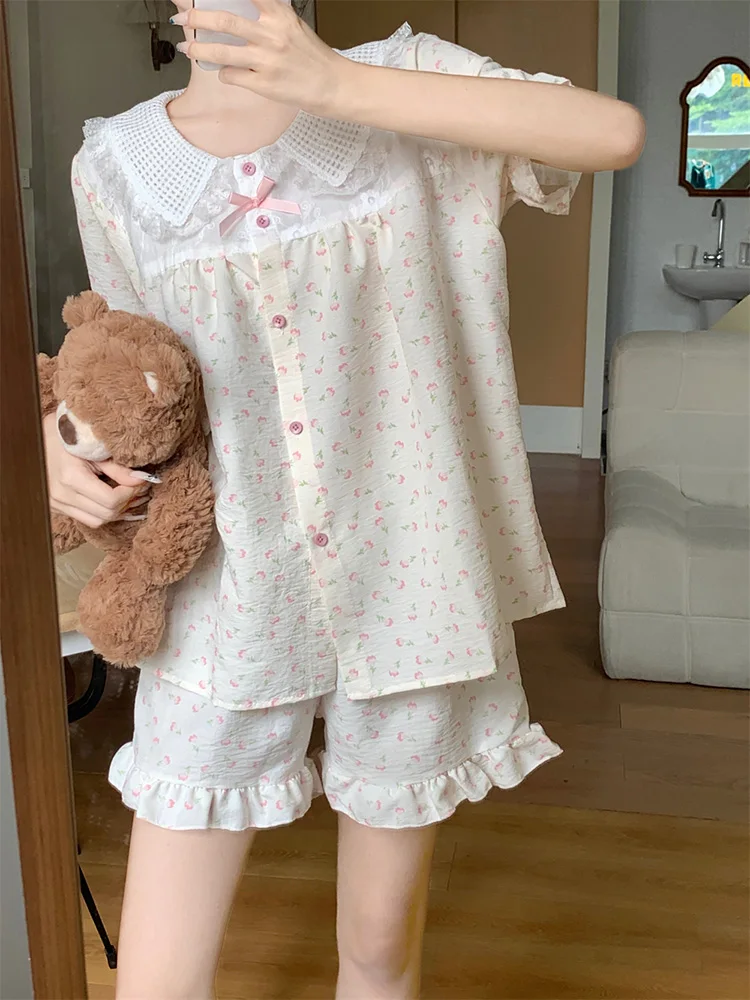 Floral Soft Lace Doll collar Kawaii Print Summer Buttons Short Sleeve Pajama Set Women Loose Elegant Casual Holiday Sleep Tops