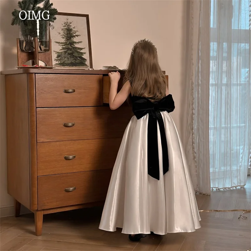 OIMG Classic Black/Ivory A Line Flower Girl Dresses Back Bow Wedding Party Dress Floor Length Birthday Dress Customized