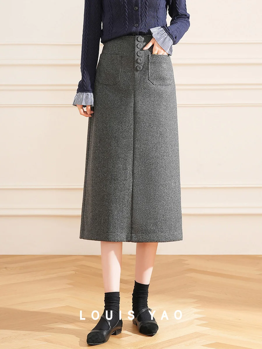 

LOUIS YAO 2024 Winter High Waist A-line Half Skirt Fashionable and Gentle Buckle Pocket Thick Long Women's Half Skirt