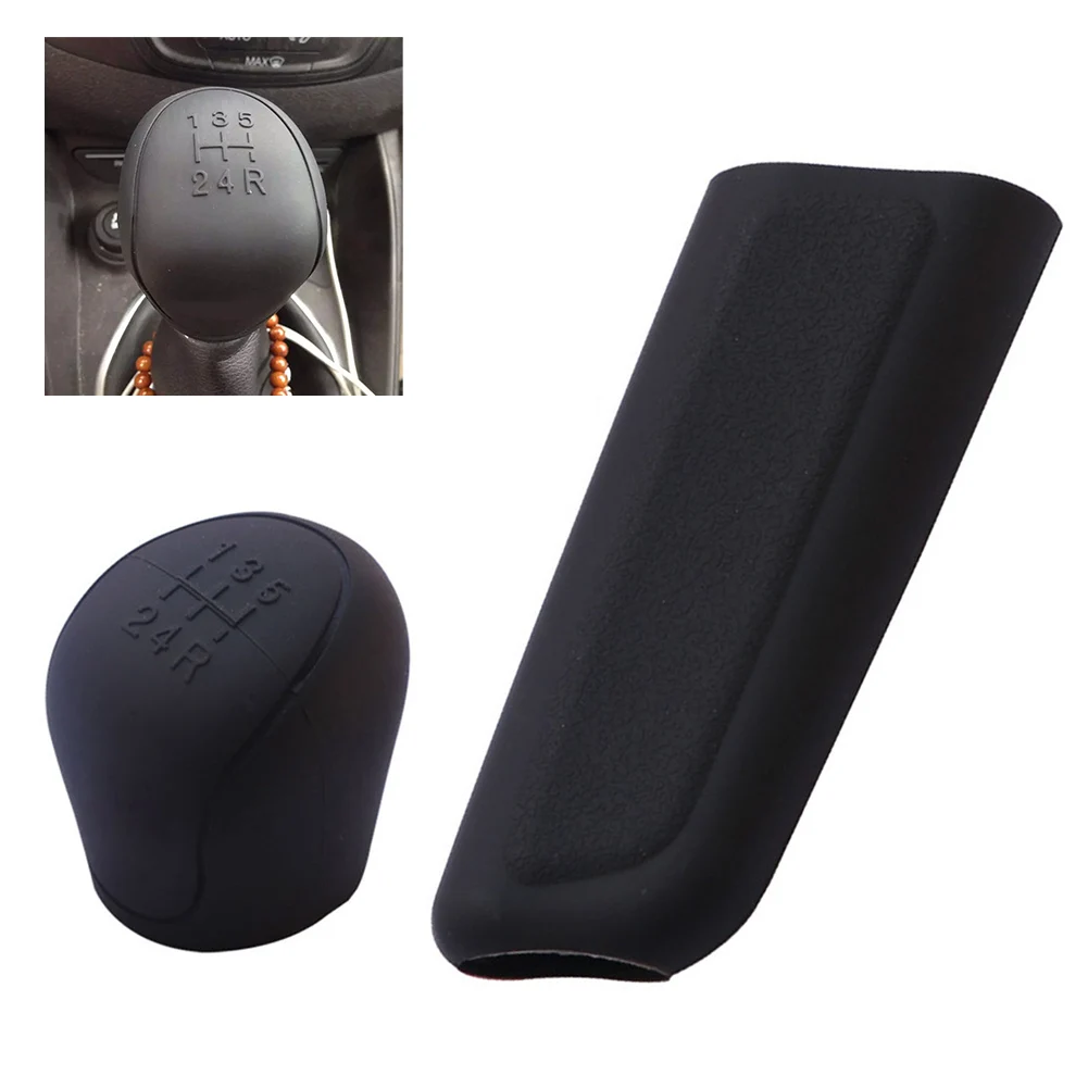 2Pcs Black 5 Speed Car Gear Shift Knob And Hand Brake Cover Sleeve Shifter Set Extreme Temperature Resistance High Quality Silic