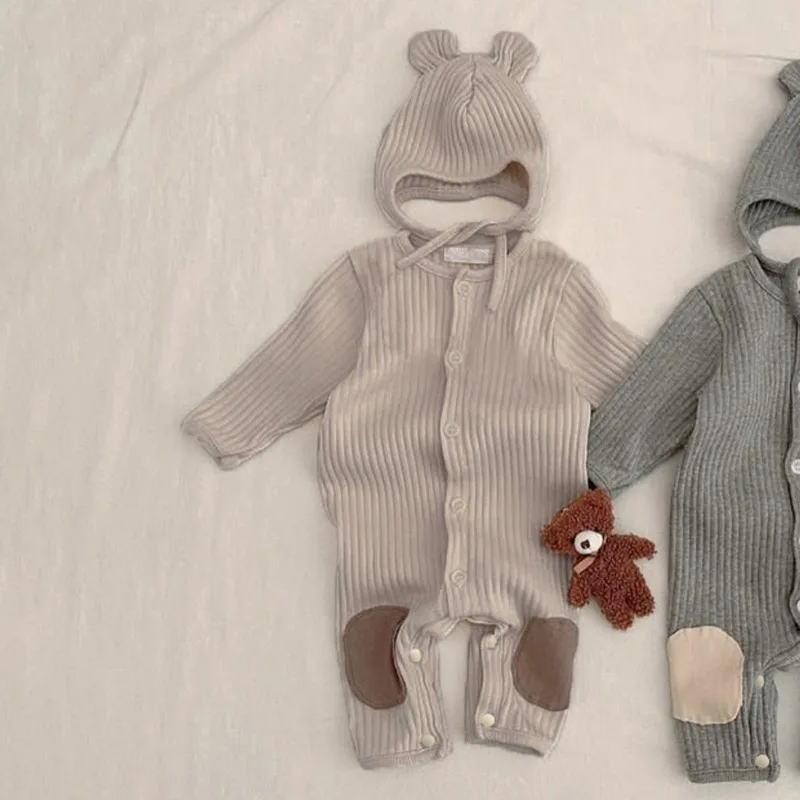 2025 Autumn New Baby Long Sleeve Patch Romper + Hat Cotton Infant Boy Girl Casual Jumpsuit Solid Newborn Toddler Clothes 0-24M