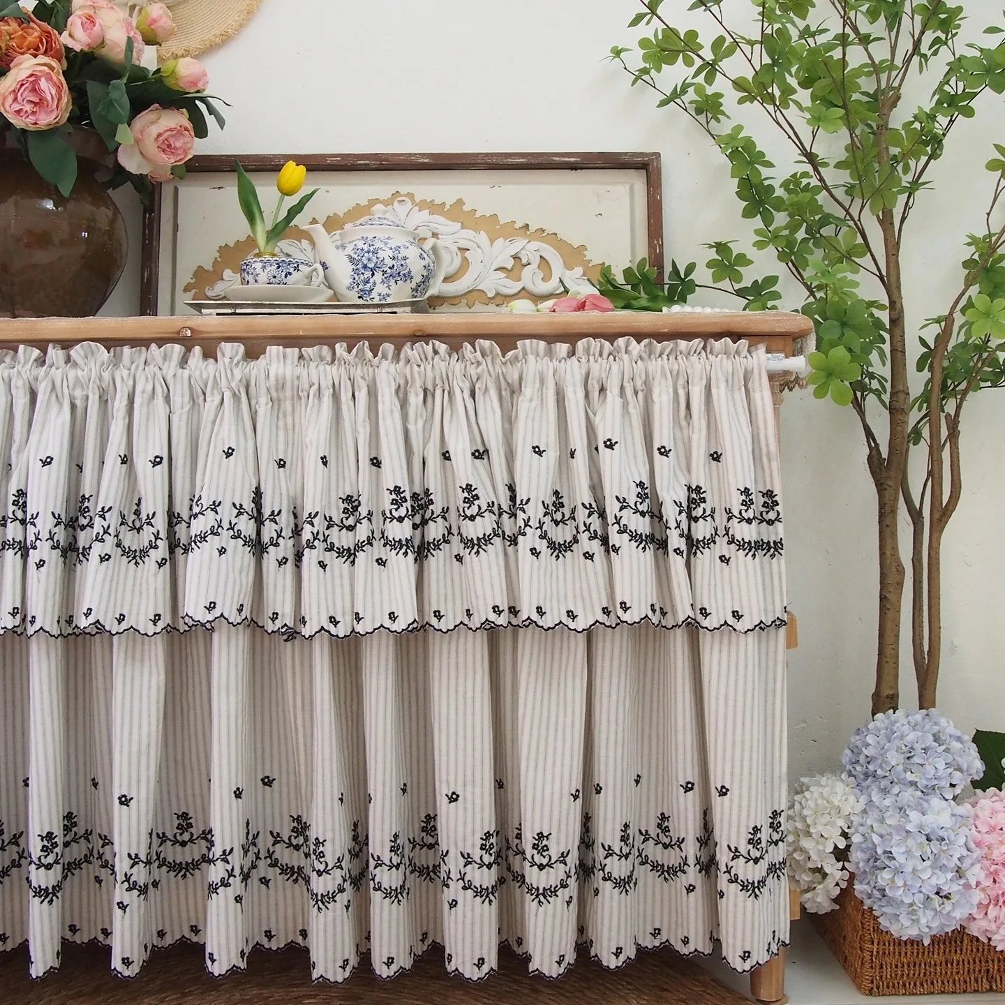 Vintage Vertical Striped Double Layer Short Curtain with Embroidered Flowers, for Kitchen Window Light Filtering Cafe Drapery